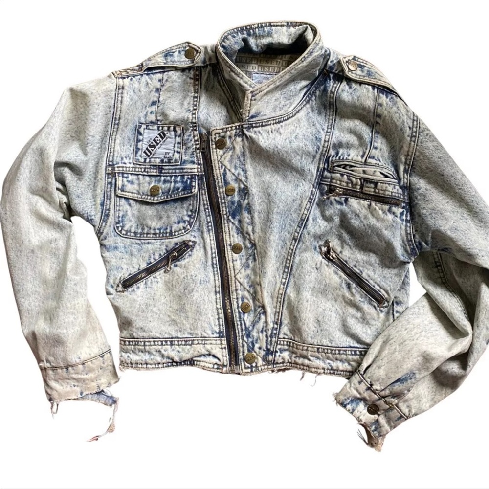 V COOL Unique Vintage 80's Acid Wash Denim Lined Moto Bomber Jacket Women's S/M8